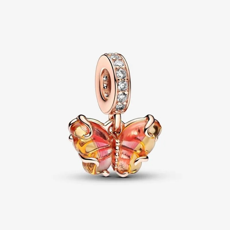 Charm Pendente Farfalla Vetro di Murano Arancione e Rosa